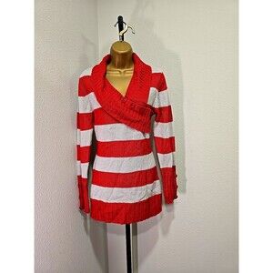 Bongo Y2K Holiday Red White Stripe Shawl Collar Long Sweater Womens Lge Metallic
